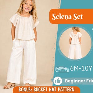 May include: A young girl wearing a cream-colored Selena Set, featuring a square-neck top and wide-leg pants. The image includes a back view of the outfit and text that reads "Selena Set", "6M-10Y", and "Beginner Friendly".