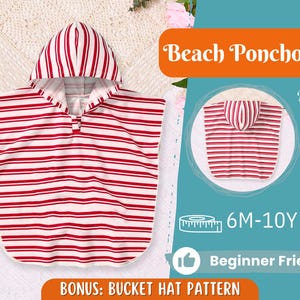 Könnte beinhalten: Ein rot-weiß gestreifter Strandponcho mit Kapuze. Der Poncho ist für Kinder im Alter von 6 Monaten bis 10 Jahren konzipiert. Das Bild enthält auch eine Rückansicht des Ponchos und den Text "Beach Poncho" und "Beginner Friendly".