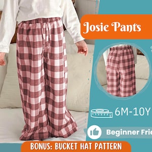 Op de afbeelding: Een rood-witte geruite broek met een tailleband met trekkoord. Het naaipatroon "Josie Pants" is voor kinderen van 6 maanden tot 10 jaar. De afbeelding bevat ook een bonus patroon voor een vissershoed.