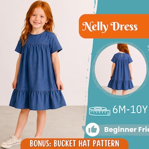 May include: A blue denim dress with short sleeves, a round neckline, and a ruffled hem. The image includes text reading Nelly Dress, Back View, 6M-10Y, Beginner Friendly, and Bonus: Bucket Hat Pattern, along with a circular inset showing the back.