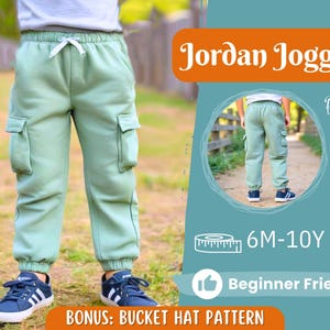 Puede incluir: Un pantalón de chándal Jordan verde con bolsillos cargo. El chándal es para niños y tiene un cordón de ajuste en la cintura. La imagen incluye el texto "Jordan Joggers", "Back View", "6M-10Y" y "Beginner Friendly".