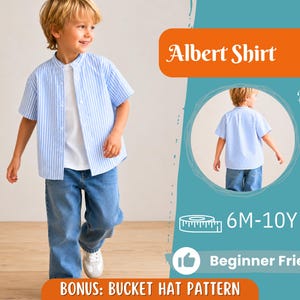 Peut inclure: Un enfant porte une chemise à rayures bleues et blanches, un t-shirt blanc et un jean bleu. Le texte "Albert Shirt", "Back View", "6M-10Y" et "Beginner Friendly" est visible. Bonus : Bucket Hat Pattern.