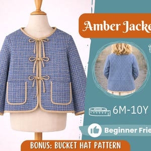 May include: A blue tweed jacket with beige trim and bow fastenings. The jacket features two front pockets and is displayed on a mannequin. The text "Amber Jacket" is visible, along with "6M-10Y" and "Beginner Friendly".