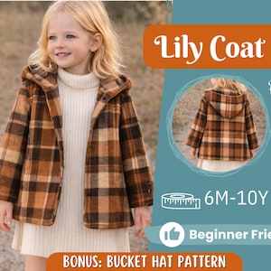 Puede incluir: Una niña lleva un abrigo a cuadros marrón y beige con capucha. El abrigo está abierto, revelando un jersey de cuello alto blanco. La imagen incluye el texto "Lily Coat", "Back View", "6M-10Y", "Beginner Friendly" y "Bonus: Bucket Hat Pattern".