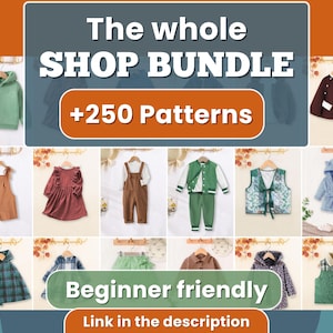 Puede incluir: Un collage de ropa infantil, que incluye una sudadera con capucha verde, petos, vestidos y chaquetas. La imagen contiene el texto "The whole SHOP BUNDLE +250 Patterns" y "Beginner friendly."