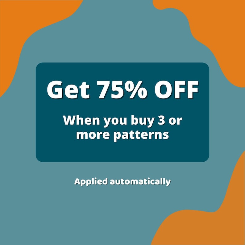 Puede incluir: Un rect&aacute;ngulo turquesa con texto blanco que dice "Get 75% OFF When you buy 3 or more patterns". El fondo es turquesa con formas abstractas naranjas. El texto "Applied automatically" est&aacute; debajo.