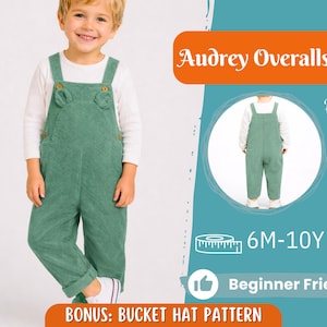 Può includere: Un bambino indossa una salopette verde a coste e una maglietta bianca a maniche lunghe. La salopette ha bottoni e tasche. L'immagine include il testo: "Audrey Overalls", "Back View", "6M-10Y" e "Beginner Friendly".