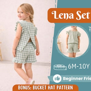 May include: A young girl wearing a green and white gingham two-piece outfit. The outfit includes a top with ruffled sleeves and shorts with a ruffled hem. The image also includes the text "Lena Set", "6M-10Y", and "Beginner Friendly".