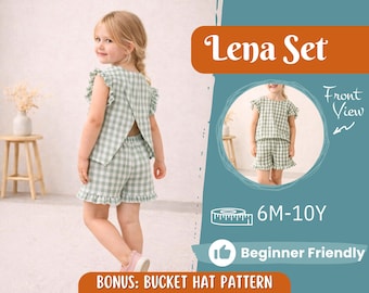 May include: A young girl wearing a green and white gingham two-piece outfit. The outfit includes a top with ruffled sleeves and shorts with a ruffled hem. The image also includes the text "Lena Set", "6M-10Y", and "Beginner Friendly".