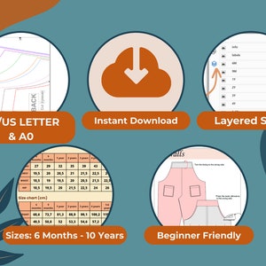 May include: A digital download of a sewing pattern for children's pants. The pattern is available in sizes 6 months to 10 years and includes layered sizes for easy printing. The pattern is beginner friendly and includes a size chart in inches and centimeters.