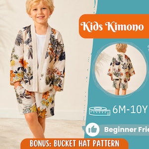 May include: A two-piece set consisting of a kimono-style jacket and matching shorts, featuring a cream base with a colorful floral and botanical print. The set includes text reading Kids Kimono, Back View, 6M-10Y, Beginner Friendly, and BONUS: BUCKET HAT PATTERN.