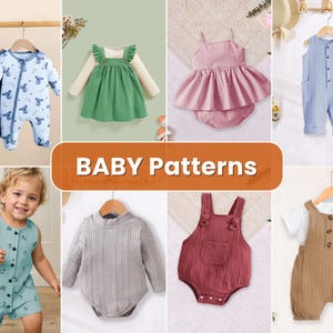 May include: A collage of baby clothes, including rompers, dresses, and jumpsuits in various colors and patterns. The image features the text "BABY Patterns" in a white font on an orange background.