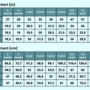 May include: A size chart for children's clothing, displaying measurements in inches (in) and centimeters (cm). The chart includes height, chest, waist, and hip measurements for various age groups, from 6 months to 9-10 years.