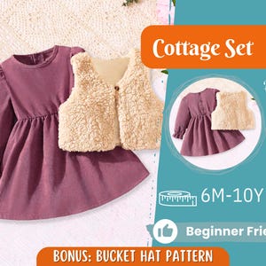 Può includere: Un vestito in velluto a coste rosa con un gilet in pelliccia sintetica marrone. Il set è etichettato "Cottage Set" e include uno schema per un cappello a secchiello. Sono visibili anche i testi "6M-10Y" e "Beginner Friendly".
