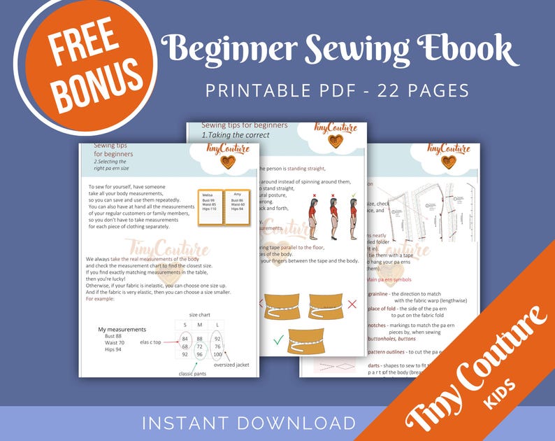 Op de afbeelding: Een afdrukbaar PDF-ebook met de titel "Beginner Sewing Ebook" met 22 pagina's. De omslag toont de tekst "FREE BONUS" in een cirkelvormig oranje ontwerp. Het ebook bevat naaigidsen en meetinstructies. De merknaam "Tiny Couture Kids" is ook zichtbaar.