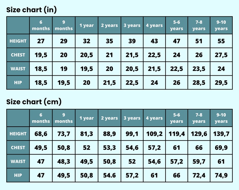 Op de afbeelding: Een maattabel voor kinderkleding, met afmetingen in inches (in) en centimeters (cm). De tabel toont de hoogte, borst, taille en heupmaten voor verschillende leeftijdsgroepen, van 6 maanden tot 9-10 jaar.