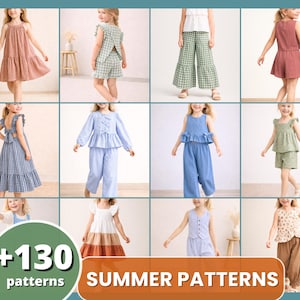 Könnte beinhalten: Eine Collage von Schnittmustern für Sommerkleidung für Kinder. Das Bild zeigt verschiedene Outfits, darunter Kleider, Oberteile und Hosen, in einer Reihe von Farben und Mustern. Die Outfits werden von jungen Mädchen getragen. Der Text auf dem Bild lautet "+130 patterns" und "SUMMER PATTERNS".
