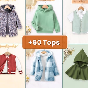 Op de afbeelding: Een verzameling kindertops, waaronder een jas met bloemenprint en capuchon, een mintgroene hoodie, een wit overhemd met een groen vest, een rood-witte varsity-jas, een blauw geruite jas en een groene cape met capuchon. De afbeelding bevat de tekst "+50 Tops".