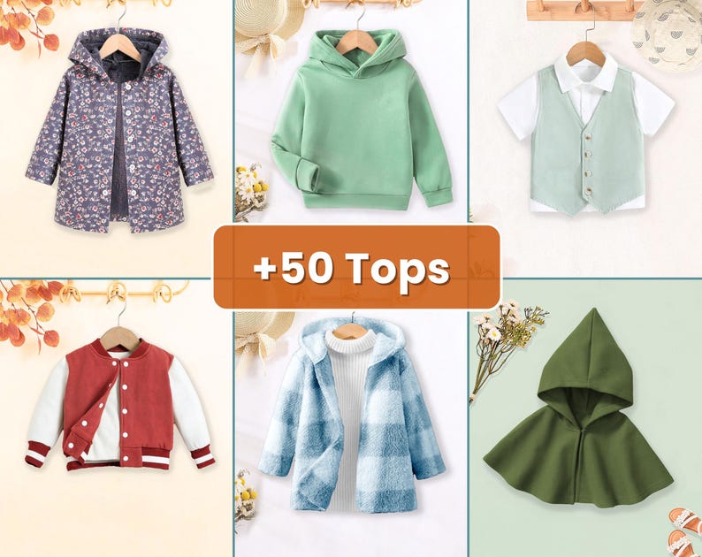 Op de afbeelding: Een verzameling kindertops, waaronder een jas met bloemenprint en capuchon, een mintgroene hoodie, een wit overhemd met een groen vest, een rood-witte varsity-jas, een blauw geruite jas en een groene cape met capuchon. De afbeelding bevat de tekst "+50 Tops".