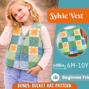 May include: A child's quilted vest in a patchwork design of blue, green, and yellow squares. The vest features star-shaped accents and a button closure. The image includes the text "Sylvie Vest", "6M-10Y", and "Beginner Friendly".
