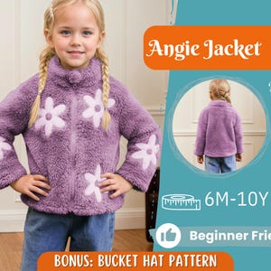 May include: A purple fleece jacket with white flower appliqués, a high collar, and a front zipper. The jacket is part of the "Angie Jacket" pattern and is designed for sizes 6 months to 10 years. The image also includes a "Beginner Friendly" label.