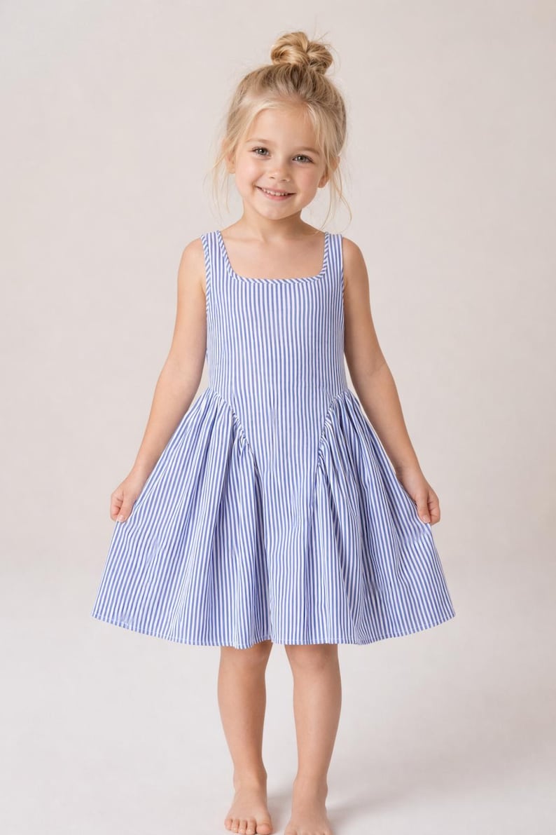 May include: A sleeveless blue and white striped dress with a square neckline. The dress has a pleated skirt and is worn by a young girl with blonde hair. The girl is smiling and standing barefoot.