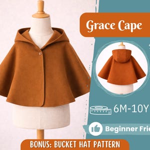 Può includere: Un mantello con cappuccio marrone con una chiusura a bottone singolo, esposto su un manichino. L'immagine include il testo "Grace Cape", "Back View", "6M-10Y" e "Beginner Friendly". È incluso anche un modello di cappello a secchio bonus.