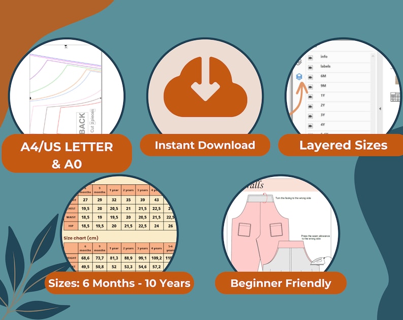 May include: A digital sewing pattern with the text "A4/US LETTER & AO", "Instant Download", and "Layered Sizes". The image includes a size chart in centimeters for sizes 6 months to 10 years, and the words "Beginner Friendly".