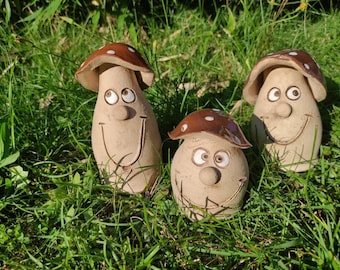 Three whimsical ceramic mushrooms made to order, porcini mushrooms, garden stake, mushrooms also suitable for mounting, handmade