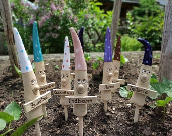 Ceramic gnome figures with lettering, herb markers, spice markers, name tags, plant markers, garden markers, frost-resistant