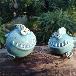 Two pieces of funny ceramic puffer fish made to order, handmade, frost-proof, garden ceramics, fish, garden stele