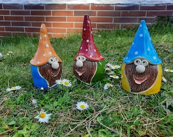 Gnome en céramique joyeux, gnome de jardin, gnome en céramique, fait main, résistant au gel
