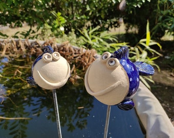 Two pieces of happy ceramic fish made to order, handmade, frost-proof, garden ceramics, garden stele