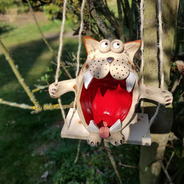 Rocking cat made to order, ceramic bird feeder in the shape of a cat, feeder, bird feeder, frost-resistant