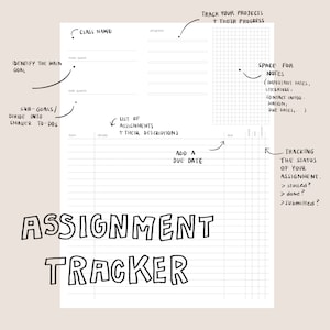 Peut inclure: Un suivi de devoirs blanc avec du texte manuscrit noir et des lignes quadrillées. Le suivi comprend des sections pour le nom de la classe, l'objectif principal, les sous-objectifs, les devoirs, les dates d'échéance et le suivi des progrès.