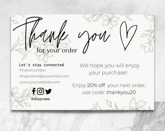 Thank you for your order card template | Thank you for your purchase card | Business card | Customer card | Editable | With discount code