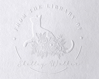 Custom Floral Cat Library Embosser – Moon & Stars Book Stamp | Personalised Ex Libris or This Book Belongs To Stamp
