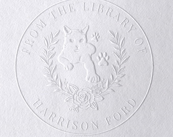 Custom Cat Library Embosser: Floral Moon & Stars Book Stamp