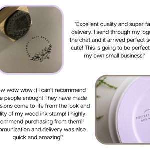 May include: Two close-up images of custom wood ink stamps. The first image shows a stamp with the text "DELIGHTS GIFT BOXES" and a floral design. The second image shows a stamp with the text "POTTERY BOX" and a small branch with leaves.