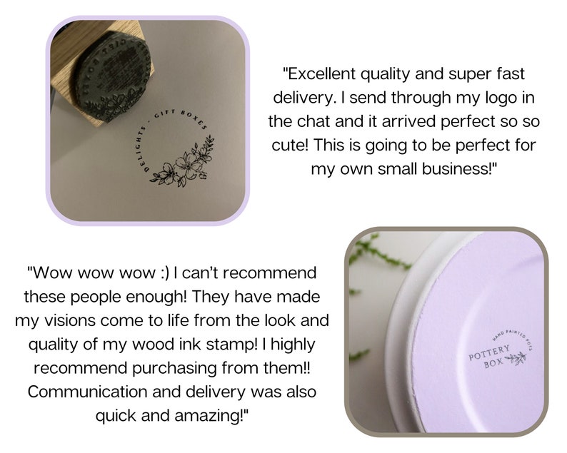 May include: Two close-up images of custom wood ink stamps. The first image shows a stamp with the text "DELIGHTS GIFT BOXES" and a floral design. The second image shows a stamp with the text "POTTERY BOX" and a small branch with leaves.