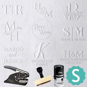 May include: White embossed paper with custom designs, including initials, names, and family names. Features a selection of stamps and a seal press. Includes the text "SARAH & MICHAEL" and "HARRY & MEGHAN MAY 12, 2027".