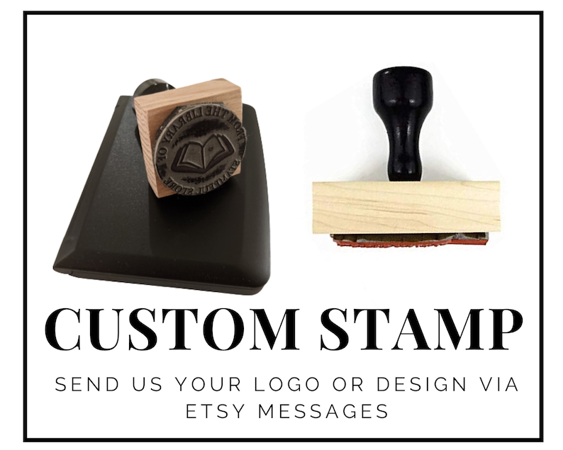 May include: A custom rubber stamp with a wooden handle. The stamp features a book with the text "From the Library of" around it. The text "Custom Stamp" is displayed below the image. The text "Send us your logo or design via Etsy messages" is displayed below the text "Custom Stamp".