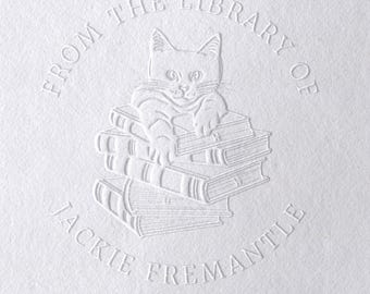 Personalised Cat Book Embosser – Custom Ex Libris Stamp with Floral & Celestial Design | Library Stamp or Embosser Gift for Book Lovers