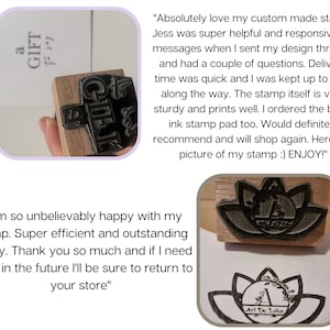 May include: Two customer reviews for a custom-made rubber stamp featuring a lotus flower design. The first review says "Absolutely love my custom made stamp! Jess was super helpful and responsive via messages when I sent my design through and had a couple of questions. Delivery time was quick and I was kept up to date along the way. The stamp itself is very sturdy and prints well. I ordered the black ink stamp pad too. Would definitely recommend and will shop again. Here is a picture of my stamp :) ENJOY!" The second review says "I am so unbelievably happy with my stamp. Super efficient and outstanding quality. Thank you so much and if I need more in the future I'll be sure to return to your store". The image shows the stamp itself, which is a wooden block with a black rubber design of a lotus flower with the text "Art De Lolus" in the center.