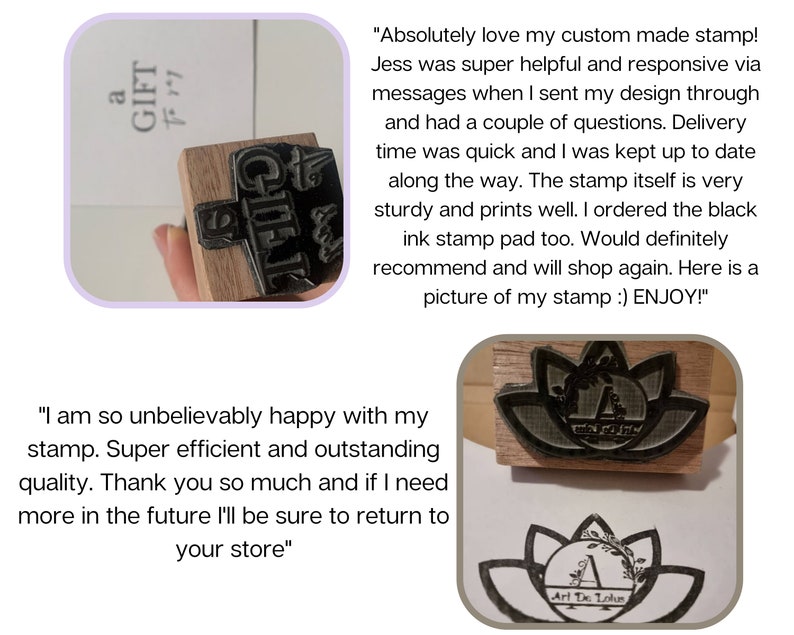May include: Two customer reviews for a custom-made rubber stamp featuring a lotus flower design. The first review says "Absolutely love my custom made stamp! Jess was super helpful and responsive via messages when I sent my design through and had a couple of questions. Delivery time was quick and I was kept up to date along the way. The stamp itself is very sturdy and prints well. I ordered the black ink stamp pad too. Would definitely recommend and will shop again. Here is a picture of my stamp :) ENJOY!" The second review says "I am so unbelievably happy with my stamp. Super efficient and outstanding quality. Thank you so much and if I need more in the future I'll be sure to return to your store". The image shows the stamp itself, which is a wooden block with a black rubber design of a lotus flower with the text "Art De Lolus" in the center.