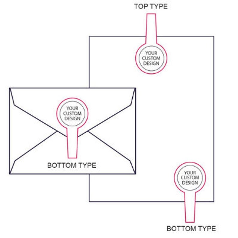 Puede incluir: Ilustraci&oacute;n de dos dise&ntilde;os de sellos para sobres. El dise&ntilde;o superior tiene un sello redondo con el texto "YOUR CUSTOM DESIGN" y una l&iacute;nea fina que se extiende desde la parte inferior del sello. El dise&ntilde;o inferior tiene un sello similar con el texto "YOUR CUSTOM DESIGN" y una l&iacute;nea fina que se extiende desde la parte inferior del sello. El texto "TOP TYPE" est&aacute; por encima del dise&ntilde;o superior y el texto "BOTTOM TYPE" est&aacute; por debajo de ambos dise&ntilde;os.
