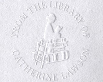 Celestial Cat Book Embosser – Custom Library Stamp with Moons, Stars & Florals | Personalised Ex Libris or This Book Belongs To