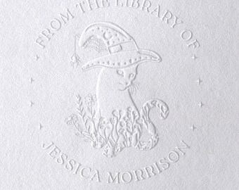 Personalized Cat Book Embosser: Floral Celestial Ex Libris Stamp