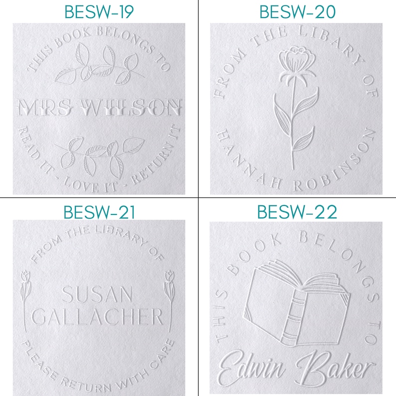 Puede incluir: Cuatro sellos cuadrados blancos con texto negro. Los sellos son para libros de biblioteca. El texto en los sellos dice: "BESW-19 THIS BOOK BELONGS TO MRS WILSON READ IT-LOVE IT RETURN IT", "BESW-20 FROM THE LIBRARY OF HANNAH ROBINSON", "BESW-21 FROM THE LIBRARY OF SUSAN GALLACHER PLEASE RETURN WITH CARE" y "BESW-22 THIS BOOK BELONGS TO Edwin Baker".