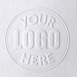 May include: White embossed circle with the text "YOUR LOGO HERE" in a white, raised font.